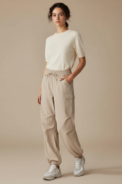 Pantalon Randonnée Beige Cargo Fluide Femme Sport - Polyester