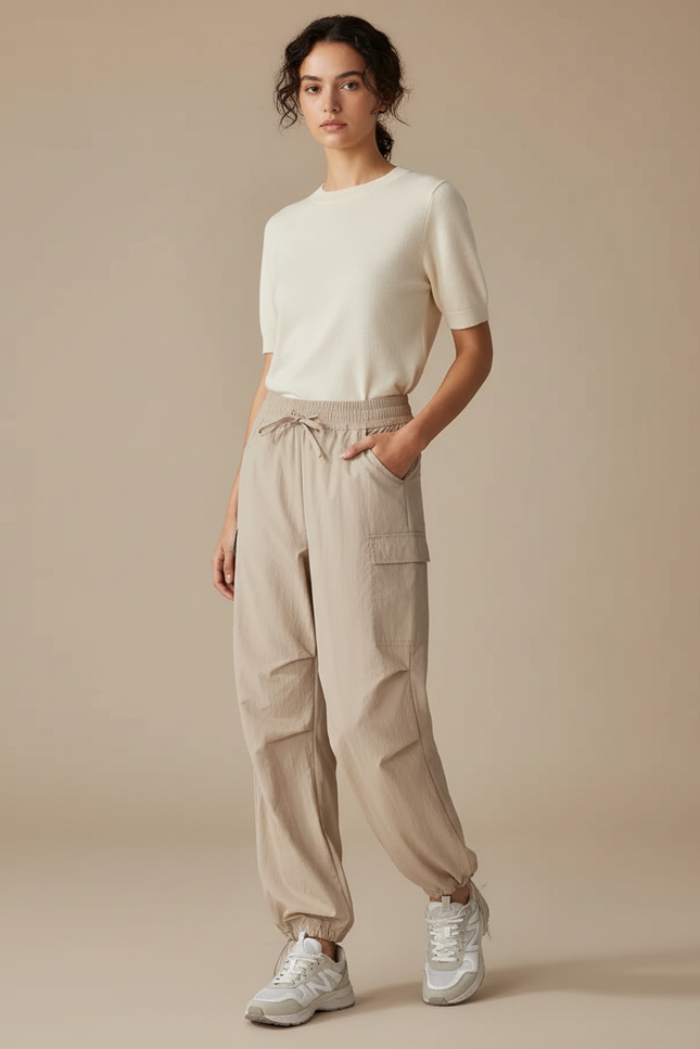 Pantalon Randonnée Beige Cargo Fluide Femme Sport - Polyester
