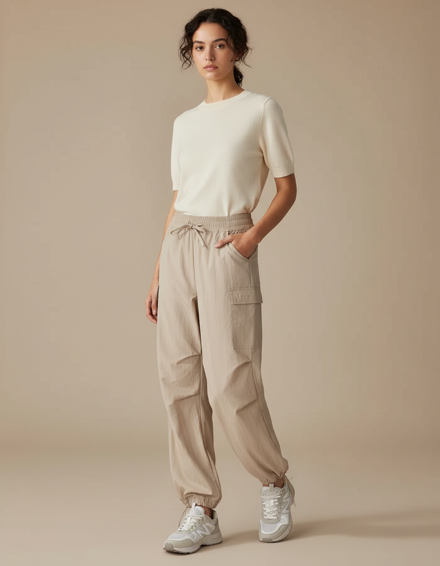 Pantalon Randonnée Beige Cargo Fluide Femme Sport - Polyester
