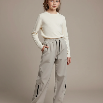 Pantalon Randonnée Gris Ample Cordon Zippé Fille - Polyester