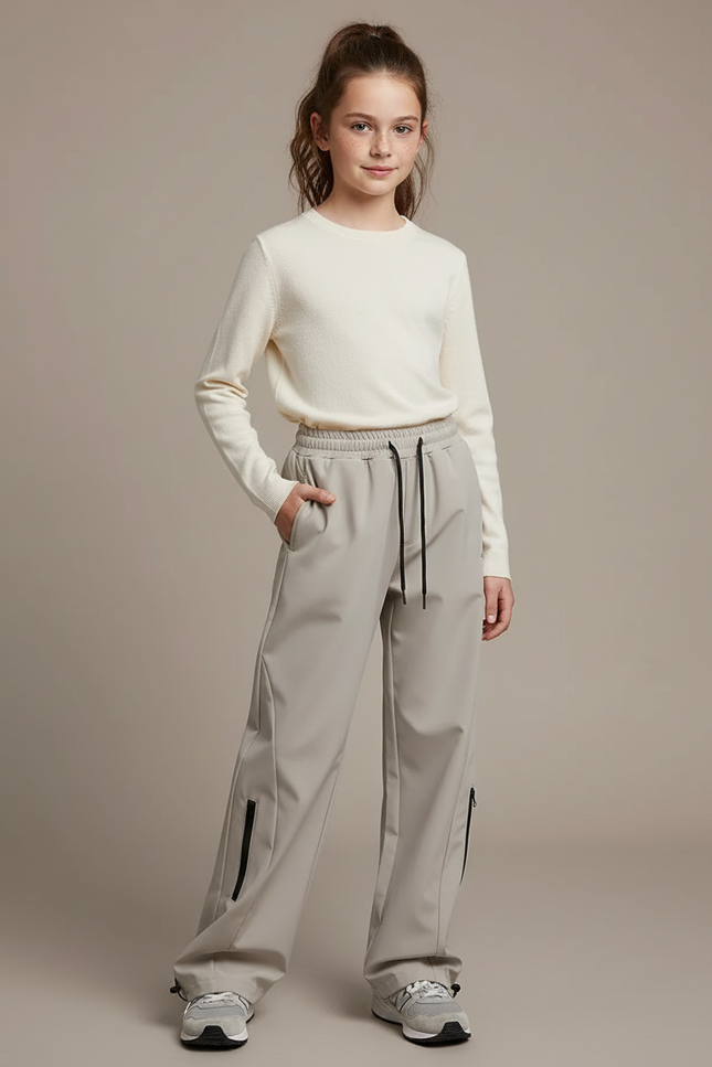 Pantalon Randonnée Gris Ample Cordon Zippé Fille - Polyester