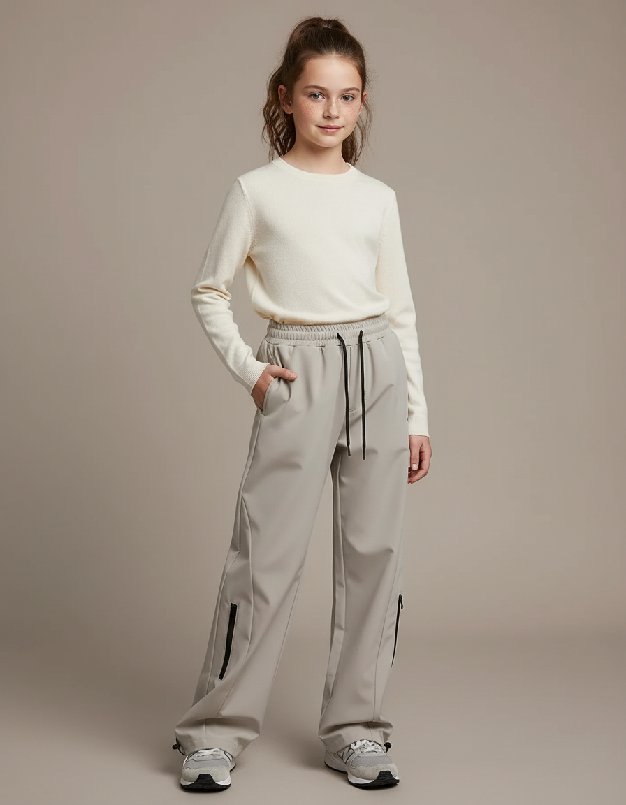 Pantalon Randonnée Gris Ample Cordon Zippé Fille - Polyester