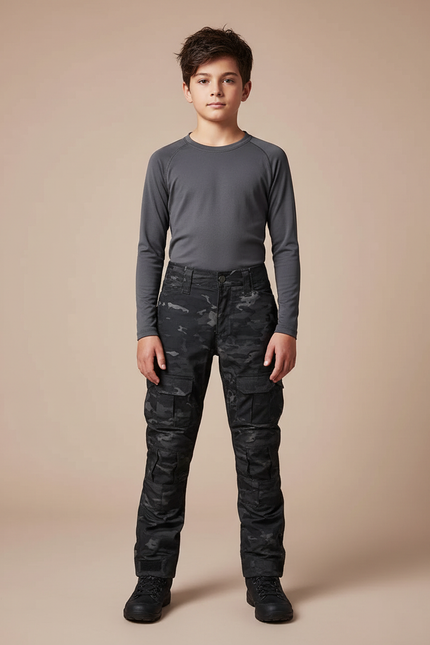 Pantalon Randonnée Camouflage Noir Multipoches Enfant Robuste - Toile