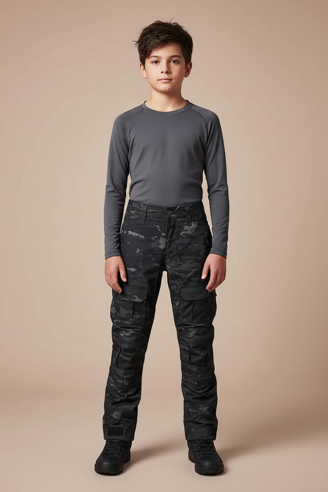 Pantalon Randonnée Camouflage Noir Multipoches Enfant Robuste - Toile