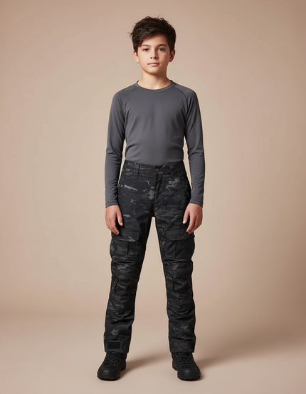 Pantalon Randonnée Camouflage Noir Multipoches Enfant Robuste - Toile