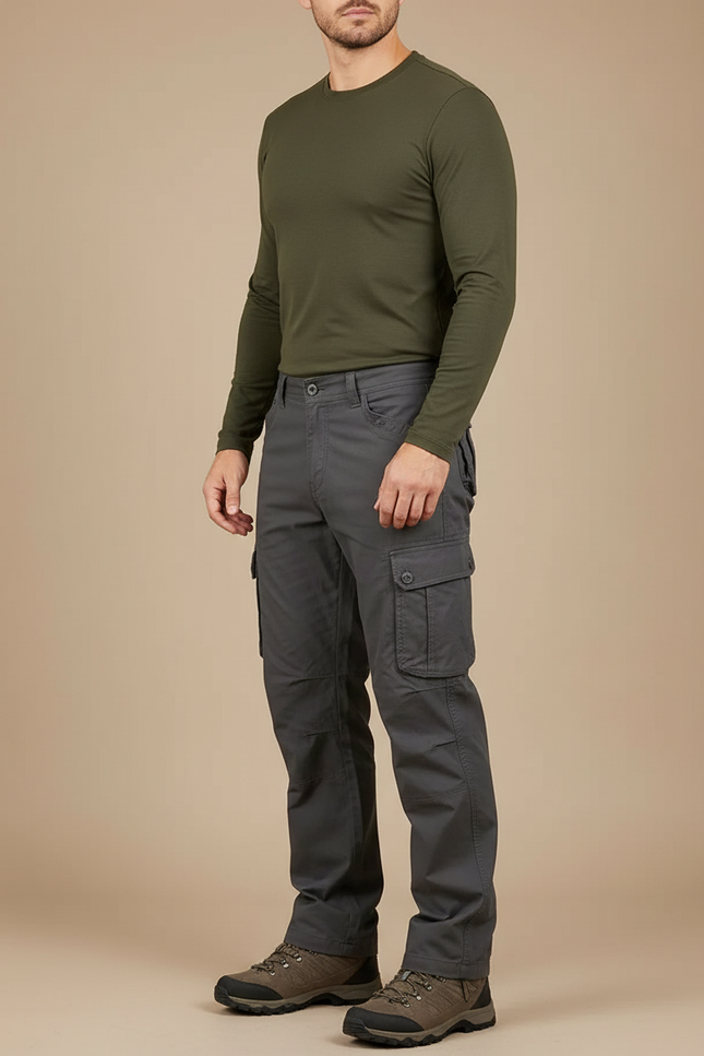 Pantalon Randonnée Cargo Gris Homme Coton Multi-Poches Tactique