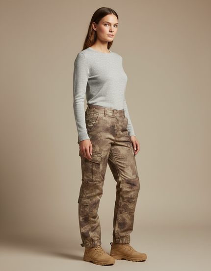 Pantalon Randonnée Camouflage Cargo Robuste Femme - Imprimé Toile