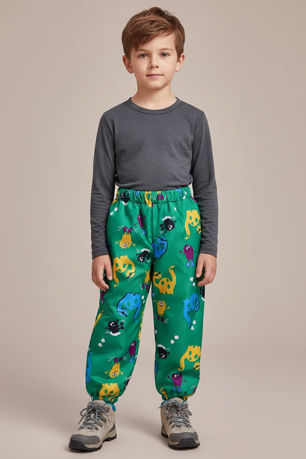 Pantalon Randonnée Vert Enfant Imperméable Motifs Dinosaures - Polyester