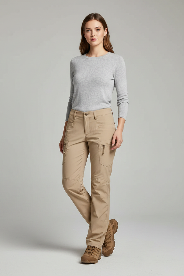 Pantalon Randonnée Femme Beige Cargo Coupe Droite - Polyester