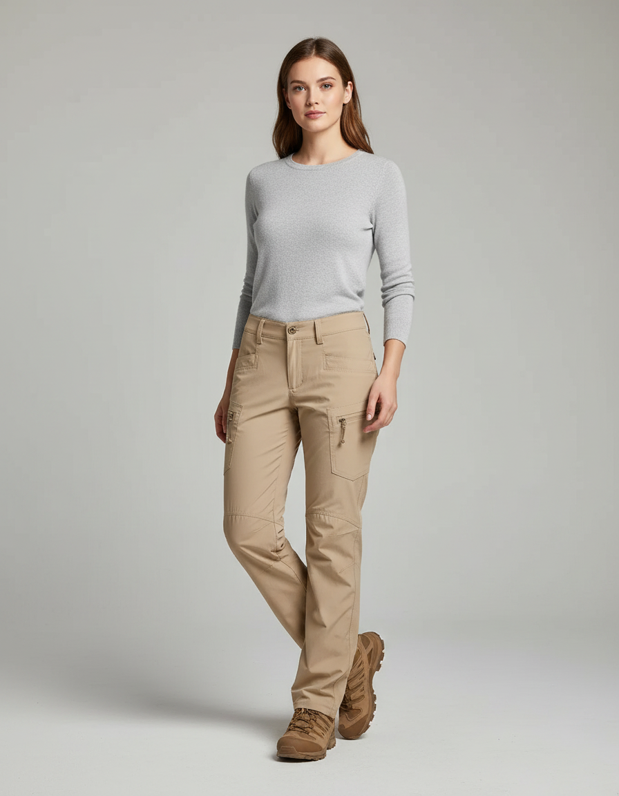 Pantalon Randonnée Femme Beige Cargo Coupe Droite - Polyester