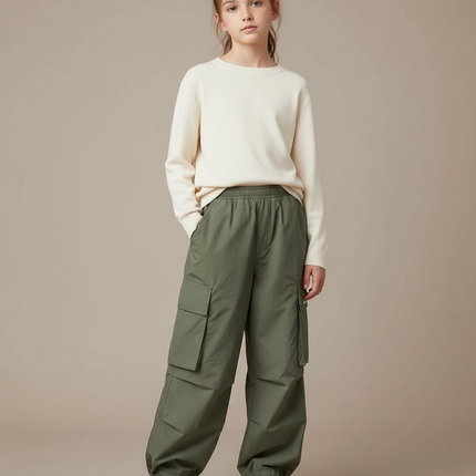 Pantalon Randonnée Kaki Ample Cargo Enfant Élastique - Polyester