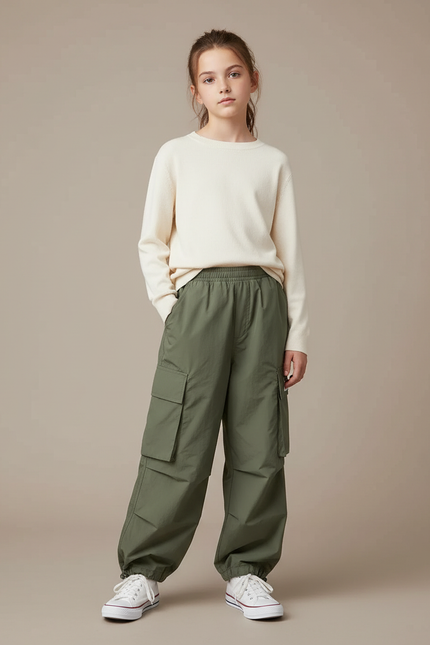 Pantalon Randonnée Kaki Ample Cargo Enfant Élastique - Polyester