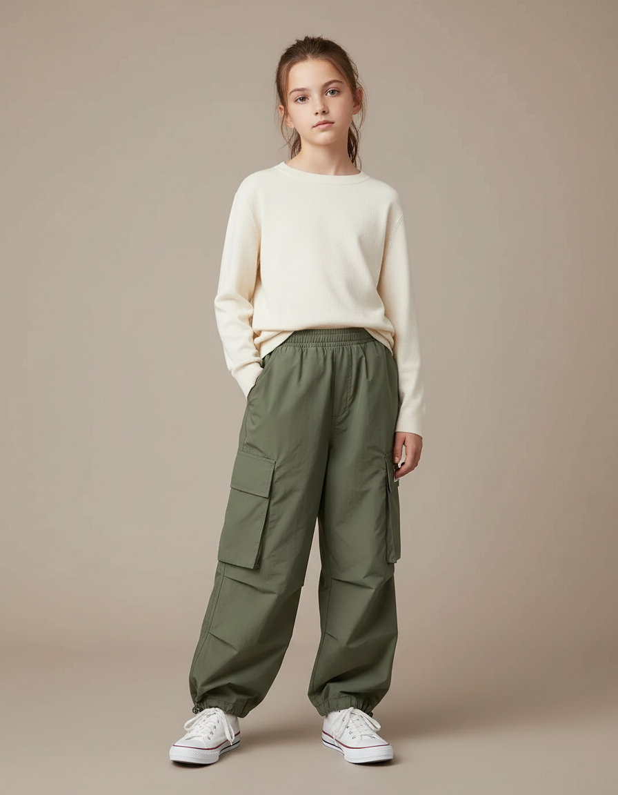 Pantalon Randonnée Kaki Ample Cargo Enfant Élastique - Polyester