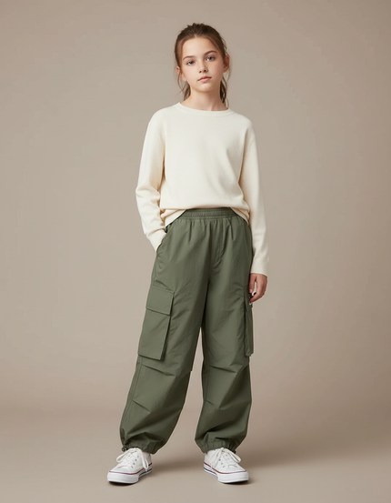 Pantalon Randonnée Kaki Ample Cargo Enfant Élastique - Polyester