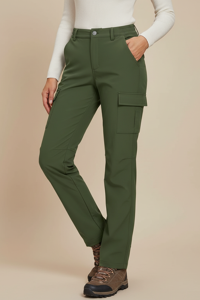Pantalon Randonnée Vert Militaire Cargo Doublé Polaire Femme - Kaki Polyester