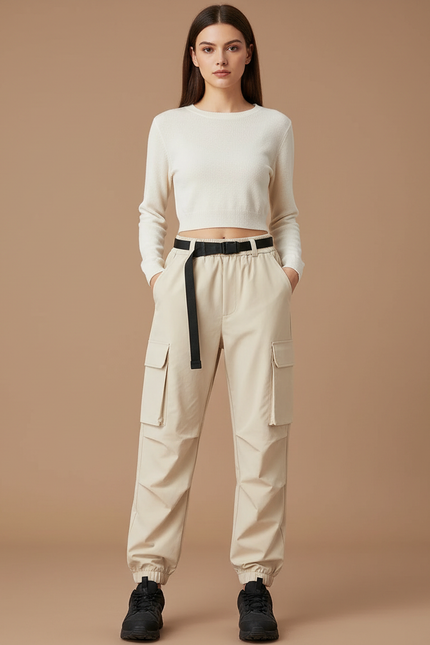 Pantalon Randonnée Beige Cargo Ample Ceinture Élastique - Polyester