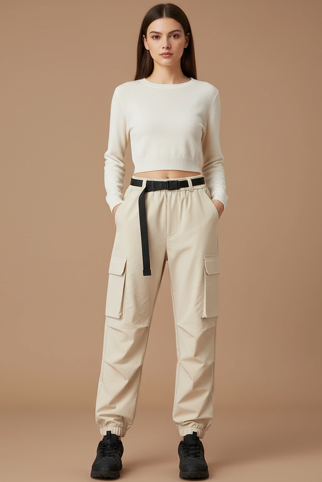 Pantalon Randonnée Beige Cargo Ample Ceinture Élastique - Polyester