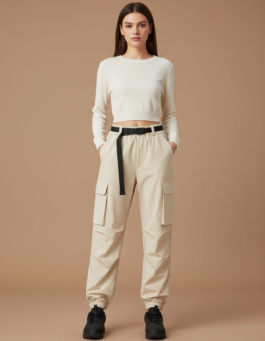 Pantalon Randonnée Beige Cargo Ample Ceinture Élastique - Polyester