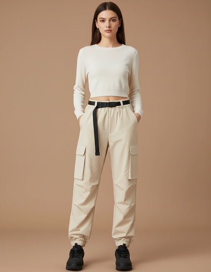 Pantalon Randonnée Beige Cargo Ample Ceinture Élastique - Polyester