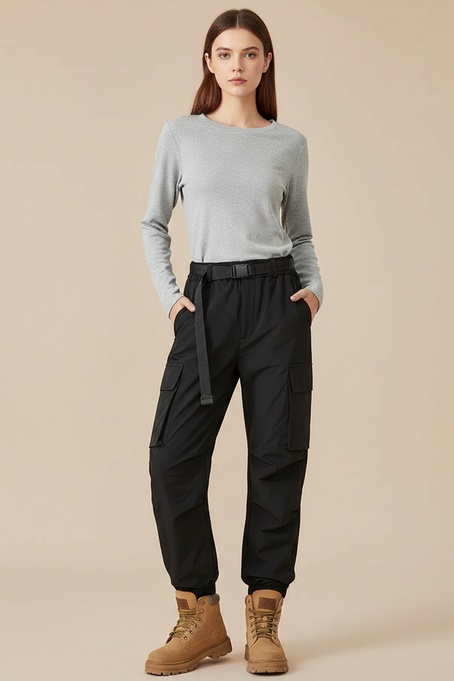 Pantalon Randonnée Noir Cargo Femme Ample Imperméable - Polyester