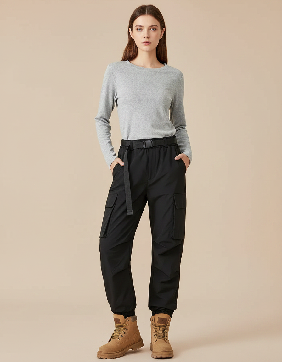 Pantalon Randonnée Noir Cargo Femme Ample Imperméable - Polyester