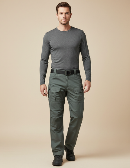 Pantalon Randonnée Vert Militaire Cargo Homme Tactique Multi-Poches - Polyester