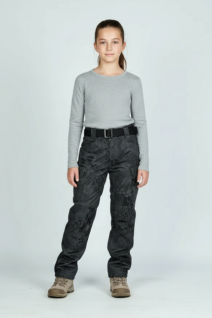 Pantalon Randonnée Noir Camouflage Enfant Multipoches Durable - Toile