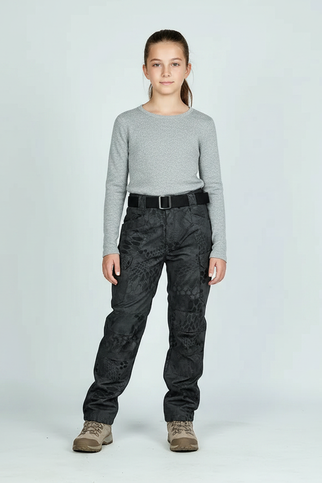Pantalon Randonnée Noir Camouflage Enfant Multipoches Durable - Toile