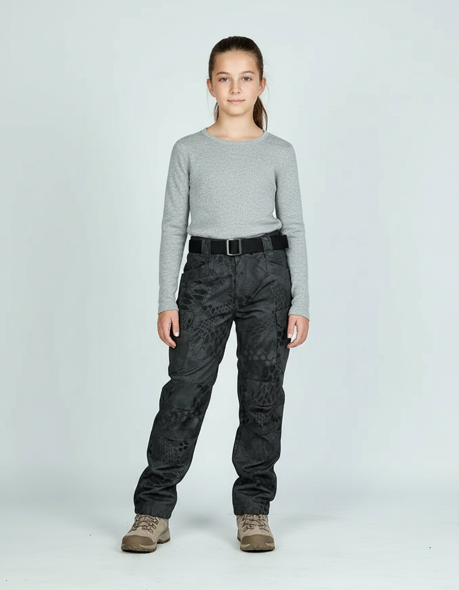 Pantalon Randonnée Noir Camouflage Enfant Multipoches Durable - Toile