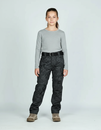 Pantalon Randonnée Noir Camouflage Enfant Multipoches Durable - Toile