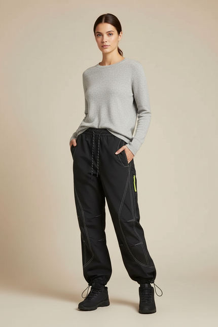 Pantalon Randonnée Noir Ample Surpiqûres Blanches Cordon - Polyester