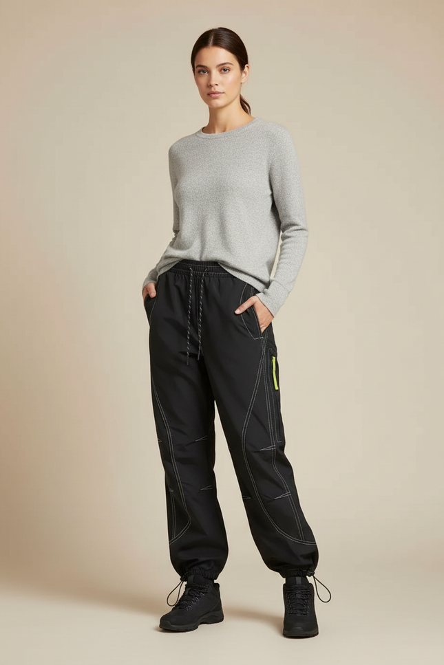 Pantalon Randonnée Noir Ample Surpiqûres Blanches Cordon - Polyester