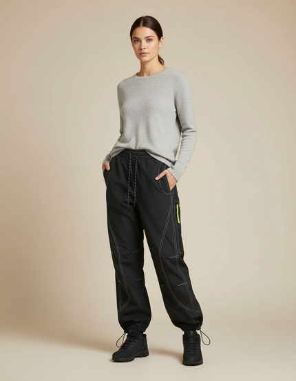 Pantalon Randonnée Noir Ample Surpiqûres Blanches Cordon - Polyester