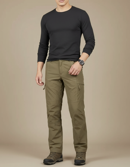 Pantalon Randonnée Cargo Homme Kaki Thermique Doublé - Polyester