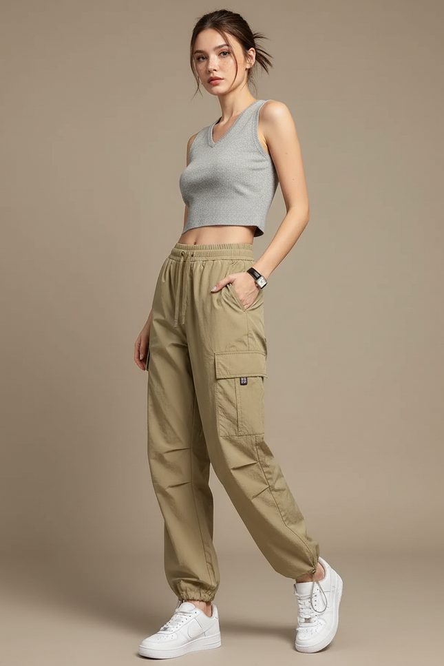 Pantalon Randonnée Kaki Cargo Ample Femme Confortable - Polyester