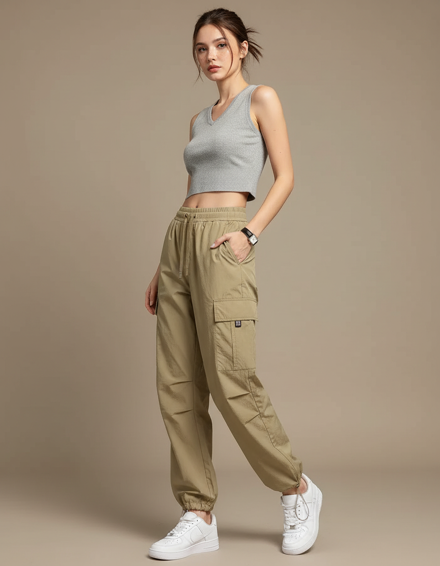 Pantalon Randonnée Kaki Cargo Ample Femme Confortable - Polyester