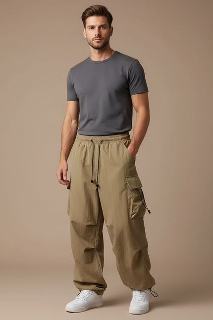 Pantalon Randonnée Kaki Ample Cordon Streetwear Homme - Polyester