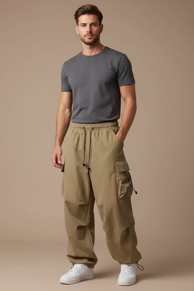 Pantalon Randonnée Kaki Ample Cordon Streetwear Homme - Polyester