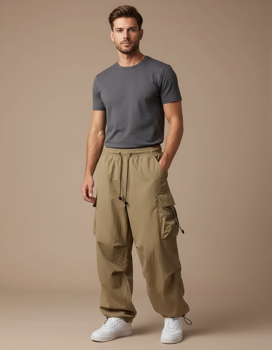 Pantalon Randonnée Kaki Ample Cordon Streetwear Homme - Polyester