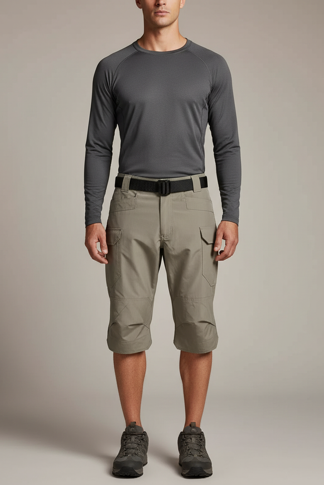Pantalon Randonnée Capri Gris Multipoches Tactique Homme - Kaki Polyester