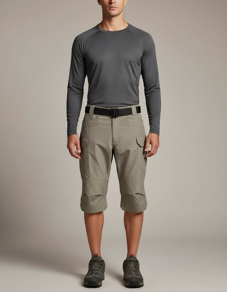 Pantalon Randonnée Capri Gris Multipoches Tactique Homme - Kaki Polyester