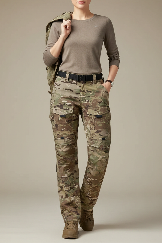 Pantalon Randonnée Camouflage Cargo Ample Militaire Femme - Multicolore Toile