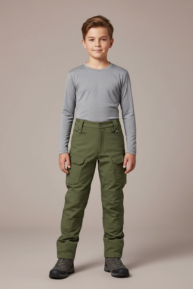 Pantalon Randonnée Vert Enfant Cargo Tactique Épais - Polyester