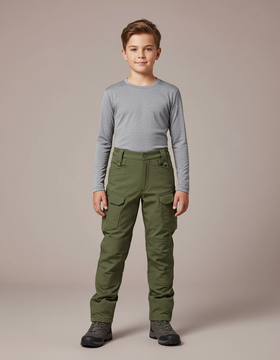 Pantalon Randonnée Vert Enfant Cargo Tactique Épais - Polyester
