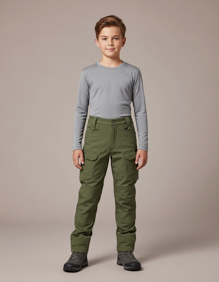 Pantalon Randonnée Vert Enfant Cargo Tactique Épais - Polyester