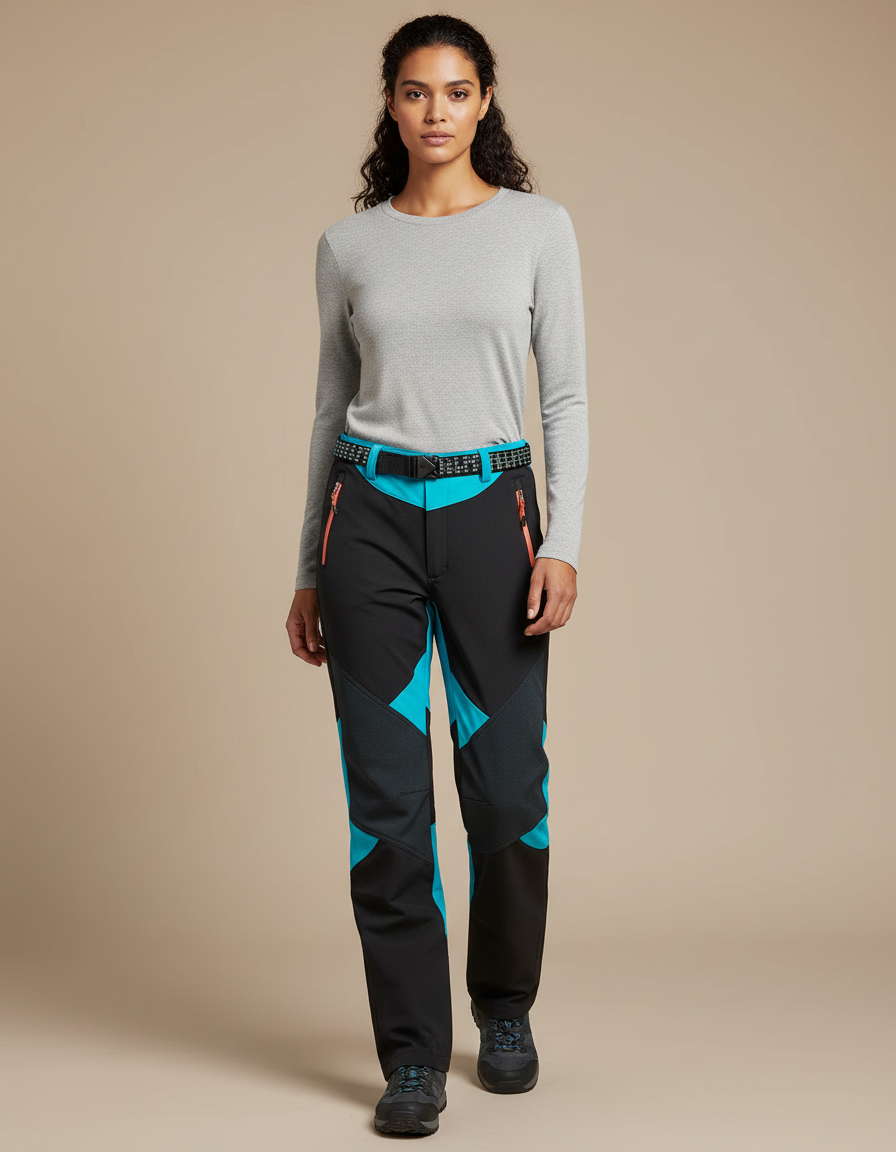 Pantalon Randonnée Noir Turquoise Softshell Épais Femme - Multicolore Polyester