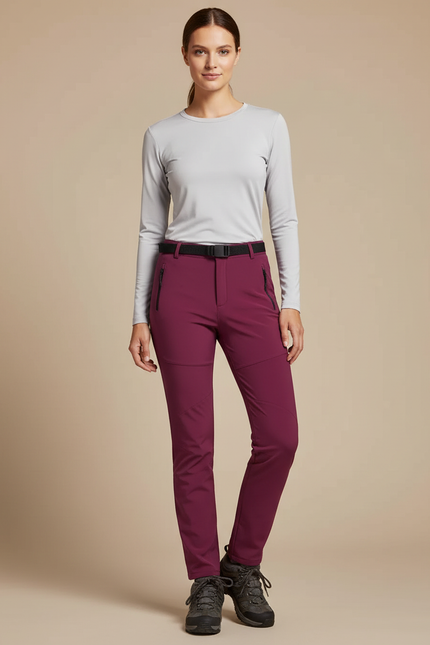 Pantalon Randonnée Femme Bordeaux Softshell Stretch Ceinturé - Polyester