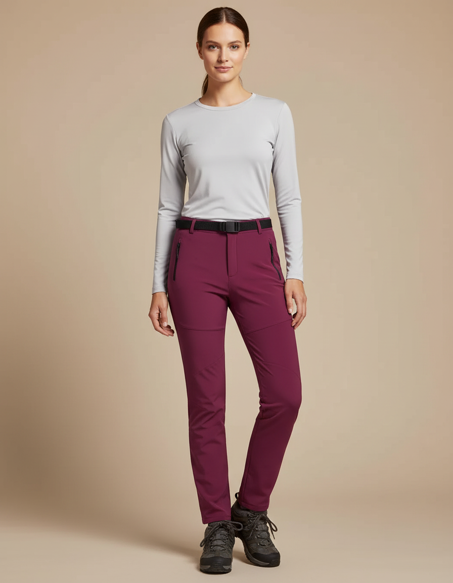 Pantalon Randonnée Femme Bordeaux Softshell Stretch Ceinturé - Polyester