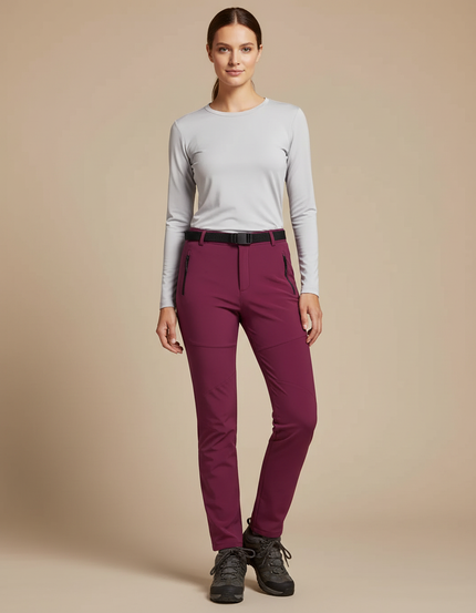 Pantalon Randonnée Femme Bordeaux Softshell Stretch Ceinturé - Polyester