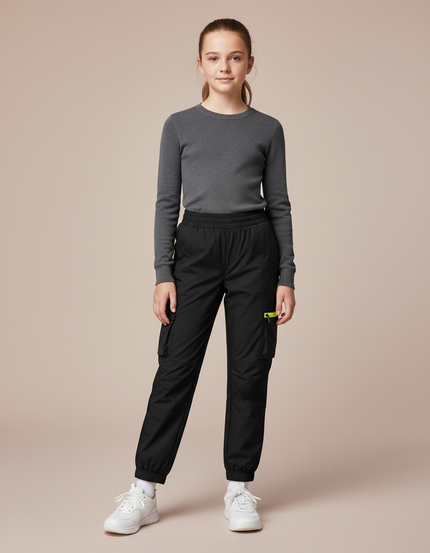 Pantalon Randonnée Noir Cargo Élastique Enfant - Polyester